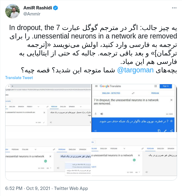توییت امیر رشیدی در مورد استفاده گوگل از ترگمان