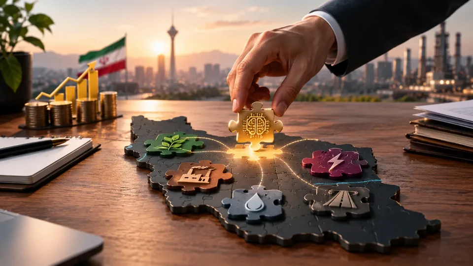 تصویر مفهومی آنا از تخصیص منابع هوش مصنوعی به بخشهای مختلف کشور روی نقشه ایران